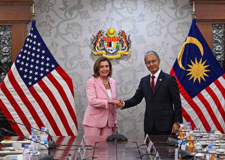 US House Speaker Nancy Pelosi, (L), meets with Malaysia Parliament speaker Azhar Azizan Harun at the parliament house in Kuala Lumpur, on Tuesday, August 2, 2022.