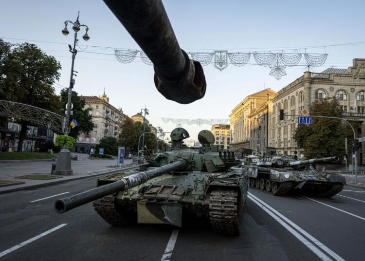 A view of destroyed Russian military vehicles installed in downtown Kyiv, Ukraine, on Wednesday, August 24, 2022.
