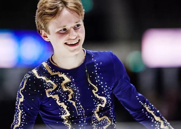 Ilia Malinin of the United States reacting in the Junior Men's Free Skating during day 3 of the ISU World Junior Figure Skating Championships.
