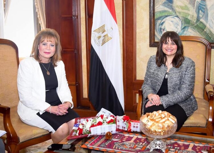 Egyptian Minister of State for Emigration and Egyptian Expatriates’ Affairs Soha Gendi during her meeting with head of Egyptian forum in Johannesburg Mary Khella.