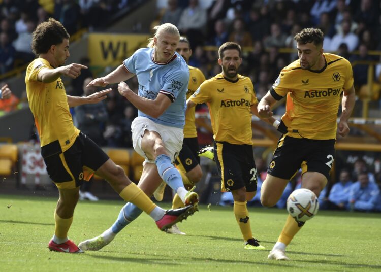 Manchester City's Erling Haaland tries to score against Wolverhampton Wanderers.