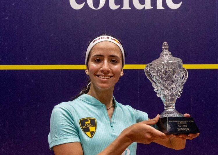Egypt’s Gohar claims South Western Squash Open title 1 - Egyptian Gazette Nouran Gohar posing with the South Western Squash Open title.
