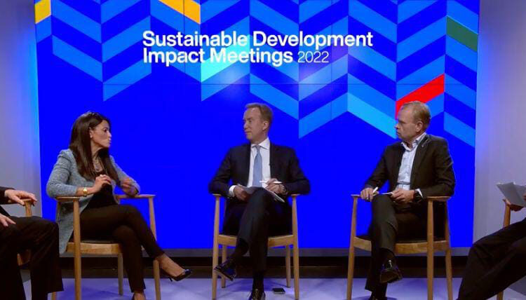 Minister of International Cooperation Rania el-Mashaat during her discussions with CEO of  Bezos Earth Fund, Dr. Andrew Steer, CEO of Yara International Svein Tore Holsether and Finland’s Minister for Development Ville Skinnari.