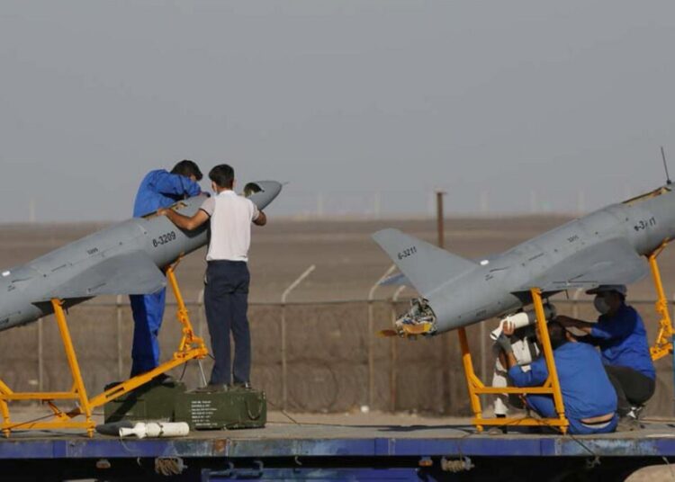 The United States says Russia wants to import "hundreds" of drones from Iran for its war on Ukraine, such as those shown here in an Iranian military exercise.
