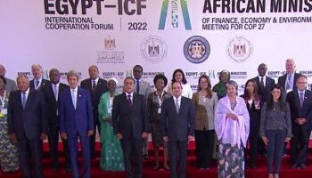 Sisi poses for photo op with attendees of 2nd Egypt-ICF in NAC