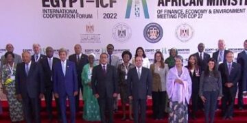 Sisi poses for photo op with attendees of 2nd Egypt-ICF in NAC