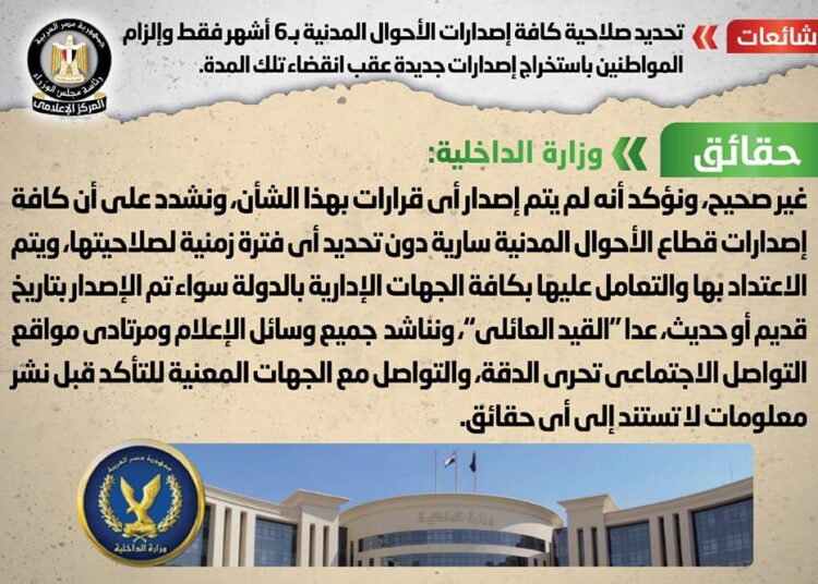 Gov't denies setting validity of civil status documents for 6 months only 1 - Egyptian Gazette