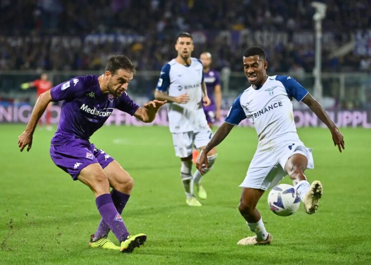 Fiorentina's Giacomo Bonaventura (L) and Lazio's Marcos Antonio in action during their Serie A match in Florence.