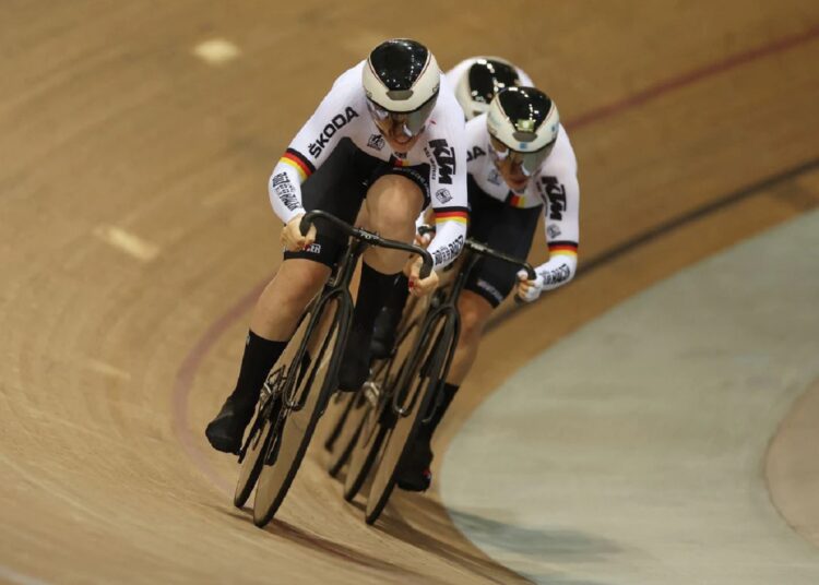 Germany retains women's sprint title in world record time 1 - Egyptian Gazette Germany team in action during the women's Team Sprint qualifying event.
