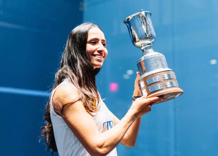 Egypt’s Nouran Gohar with the 2022 US Squash Open trophy.