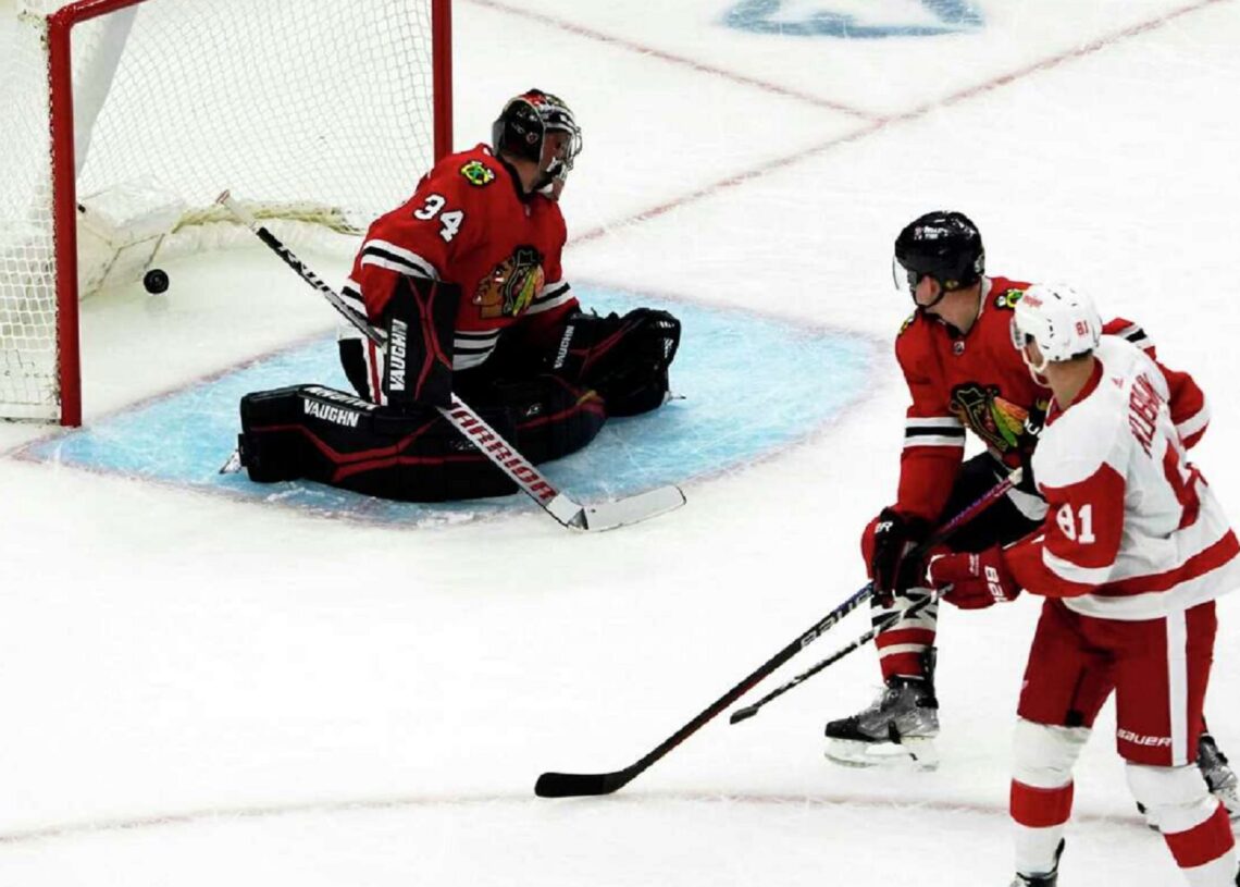 Detroit Red Wings Dominik Kubalik (L) scores a goal against Chicago Blackhawks goaltender Petr Mrazek during their NHL game in Chicago.