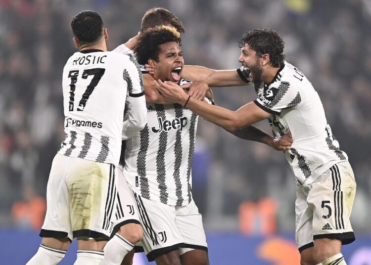 Juventus' Weston McKennie (C) celebrates after scoring his side's second goal of the game against Empoli during the Italian Serie A in Turin.