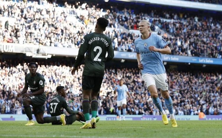 Manchester City's Erling Braut Haaland scores their fourth goal against Southampton.