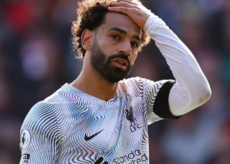 Liverpool's Mohamed Salah rues a missed chance Nottingham Forest in Nottingham.