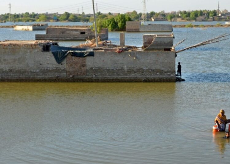 WB spent almost $15 bn on fossil fuel projects since Paris deal 1 - Egyptian Gazette A woman wades through the flood waters to get drinking water in Dera Allah Yar, Pakistan; fossil fuel usage is a major contributor to climate change.