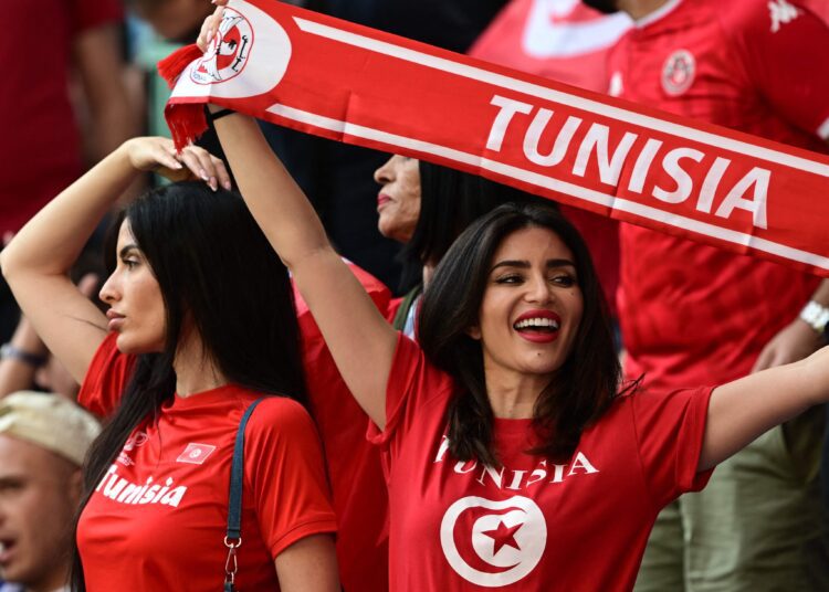 Tunisia fans enjoy the pre-match atmosphere prior to the Group D match between Denmark and Tunisia on Nov. 22, 2022.