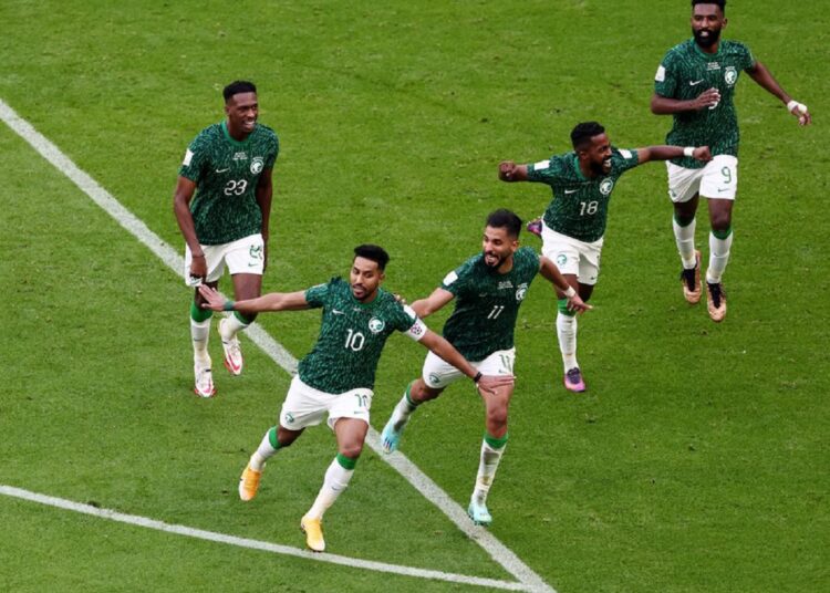 Saudi Arabia's Salem Al-Dawsari celebrates scoring their second goal against Argentina.