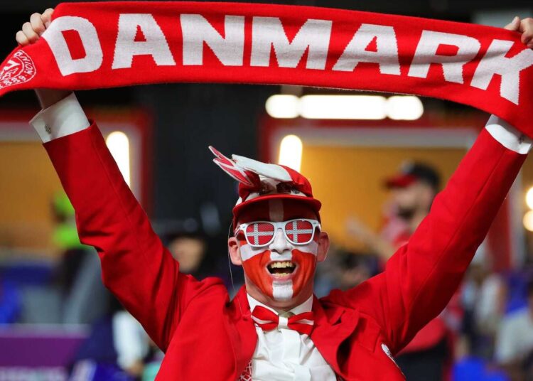 A Danish supporter cheers ahead of the World Cup match between France and Denmark.