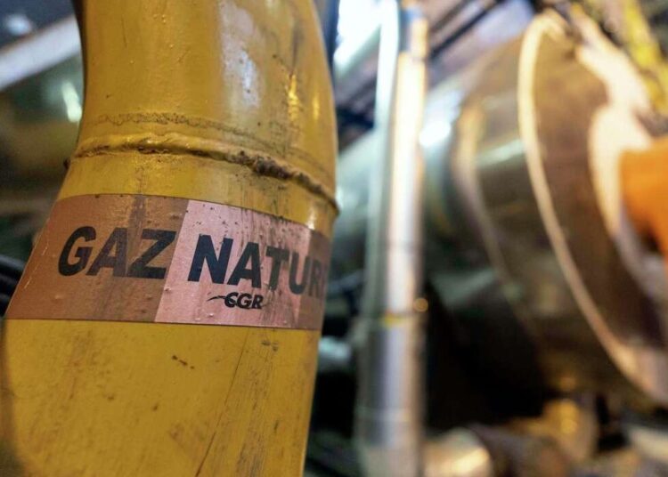 A sticker reads "natural gas" on a pipe at the French company R-CUA plant, in Strasbourg, eastern France, Oct. 7, 2022.