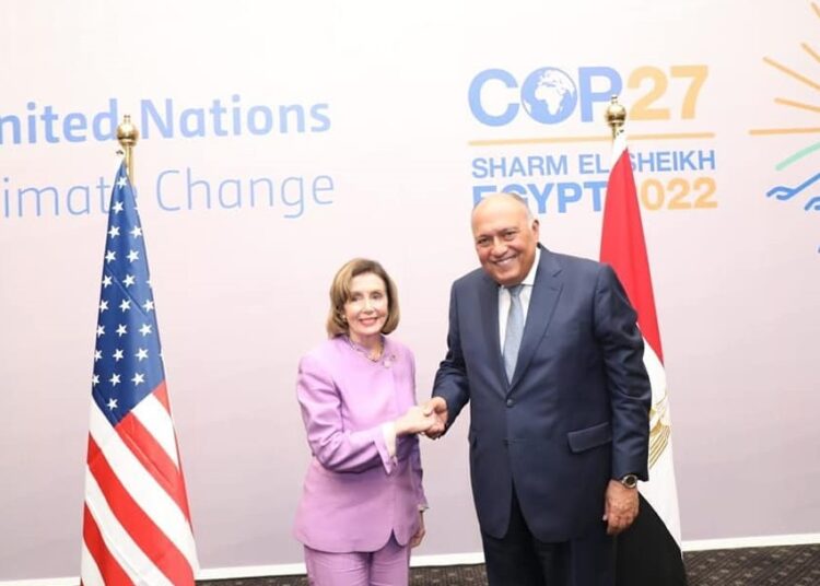 Egypt's Foreign Minister and president-designate of the 2022 UN Climate Change Conference (COP27) Sameh Shoukry with US House of Representatives Speaker Nancy Pelosi, who is currently taking part in COP27, on Friday