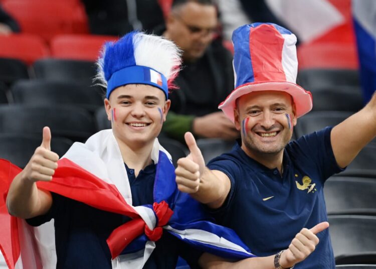 French fans react during the World Cup quarter-final match between England and France.