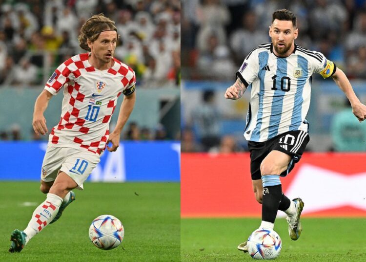 Croatian midfielder Luka Modric (L) in Doha on December 9, 2022, and Argentinian forward Lionel Messi in Doha on December 3, 2022.