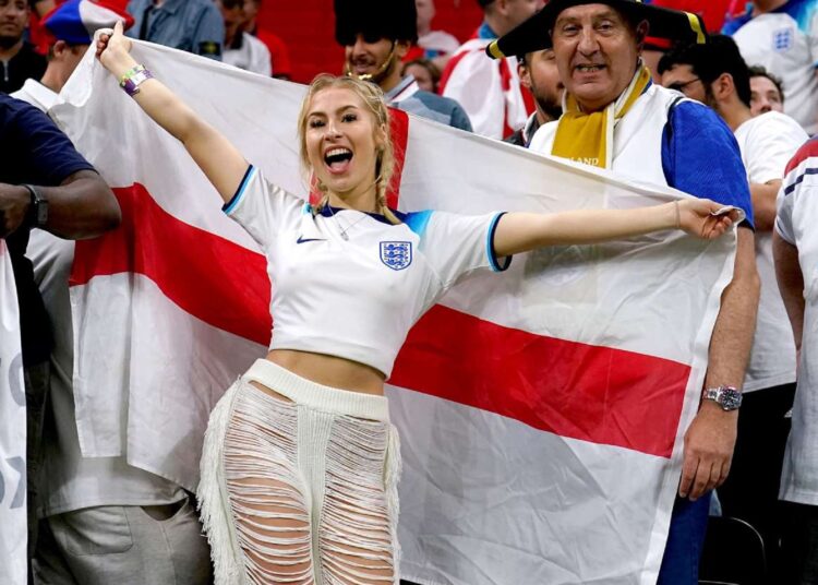 England fans in the stands at the end of the round of 16 match between England and Senegal on Dec. 4, 2022.