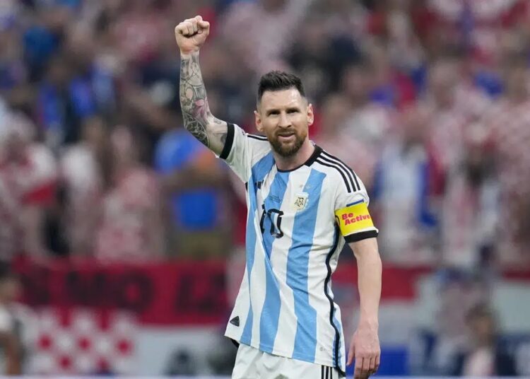 Argentina's Lionel Messi celebrates after scoring from the penalty spot the opening goal during the World Cup semifinal soccer match between Argentina and Croatia at the Lusail Stadium in Lusail, Qatar, Tuesday, Dec. 13, 2022.