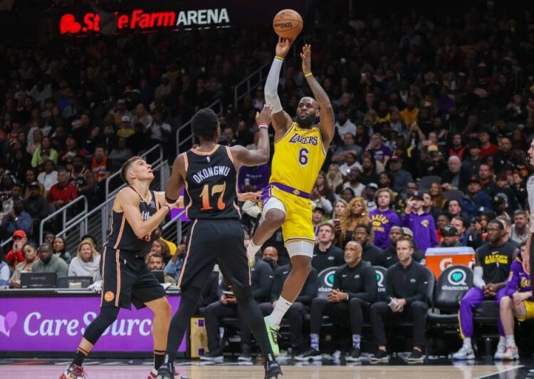 Los Angeles Lakers forward LeBron James (6) shoots against the Atlanta Hawks in the second half at State Farm Arena in Atlanta.