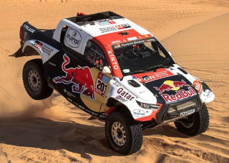 Toyota Gazoo Racing's Nasser Al-Attiyah and co-driver Mathiu Baumel in action during the Dakar Rally.