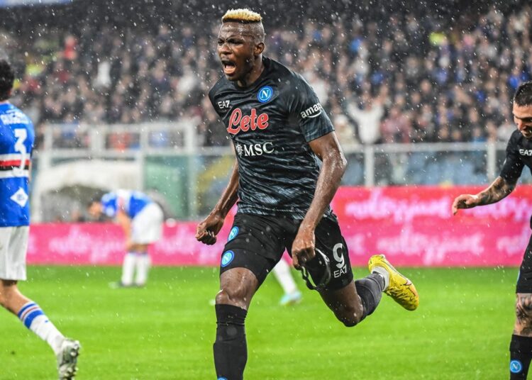 Napoli's Nigerian forward Victor Osimhen celebrates after scoring against Sampdoria in Genoa.