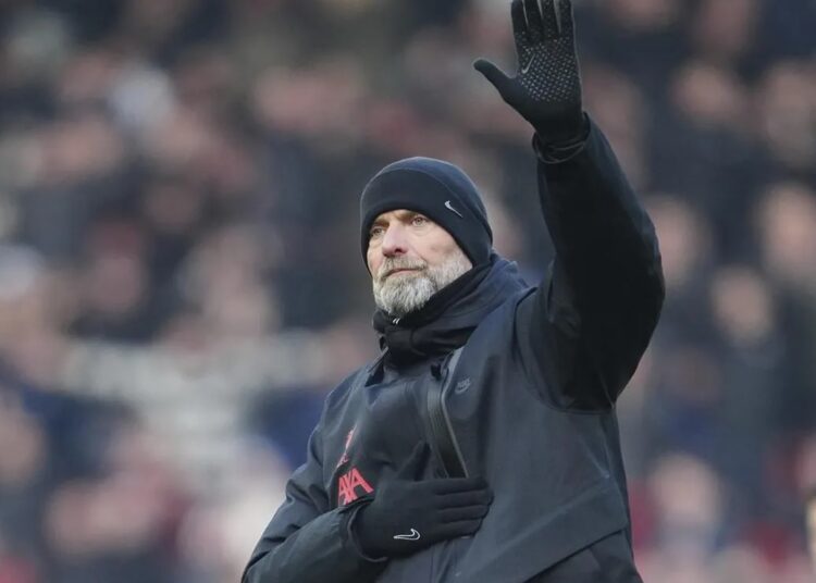 Liverpool’s manager Jurgen Klopp waves after the English Premier League match against Chelsea at Anfield stadium in Liverpool.