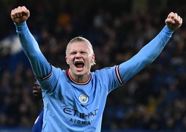 Manchester City's Norwegian striker Erling Haaland celebrates at the final whistle during the English Premier League match against Chelsea.
