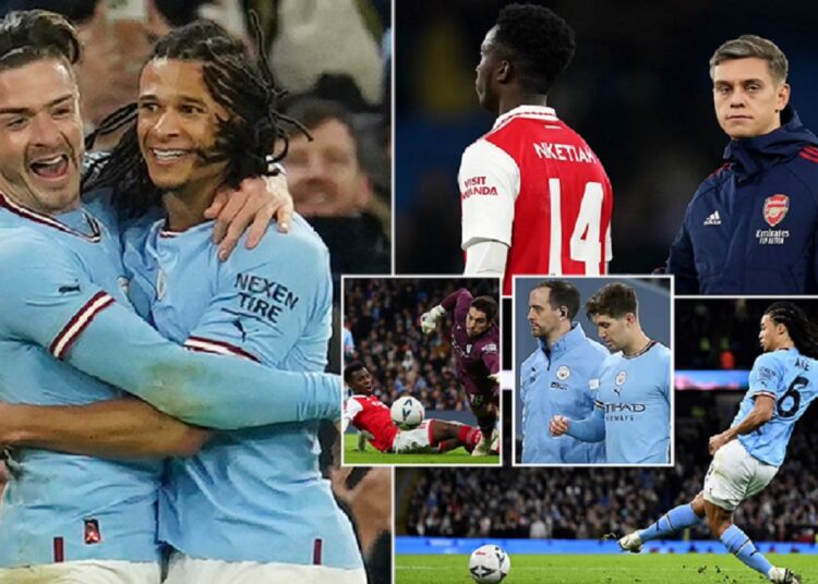 Manchester City's Nathan Ake celebrates after scoring the first goal against Arsenal January 28, 2023.