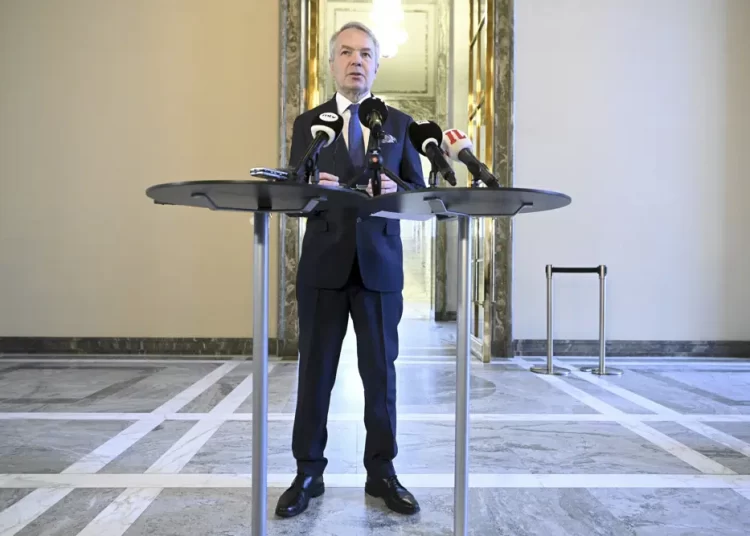Finland's Foreign Minister Pekka Haavisto speaking during a news conference at the Parliament building in Helsinki, Finland, Tuesday, January 24, 2023.