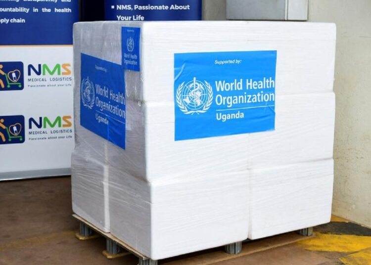 A consignment of 1,200 doses for Ebola vaccine candidates set to be used in a clinical trial is placed on a pallet at the National Medical Stores (NMS) in Entebbe, Uganda, December 8, 2022.