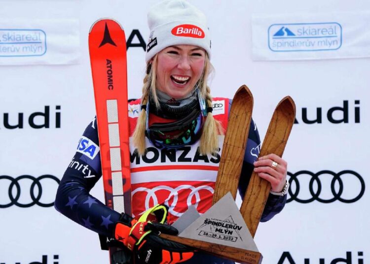 Mikaela Shiffrin celebrates after an alpine ski, women's World Cup slalom, in Spindleruv Mlyn, Czech Republic.