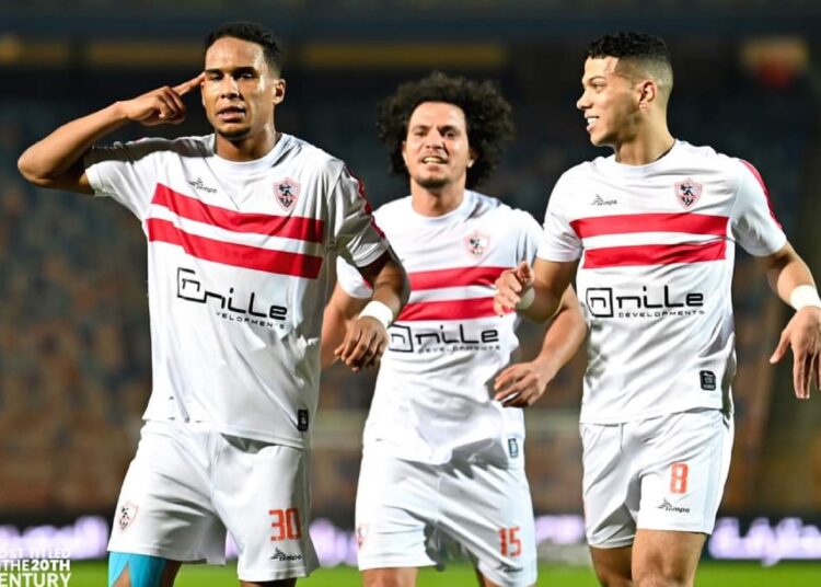 Zamalek’s Tunisian striker Seifeddine Jaziri (L) celebrate after scoring against Future FC.