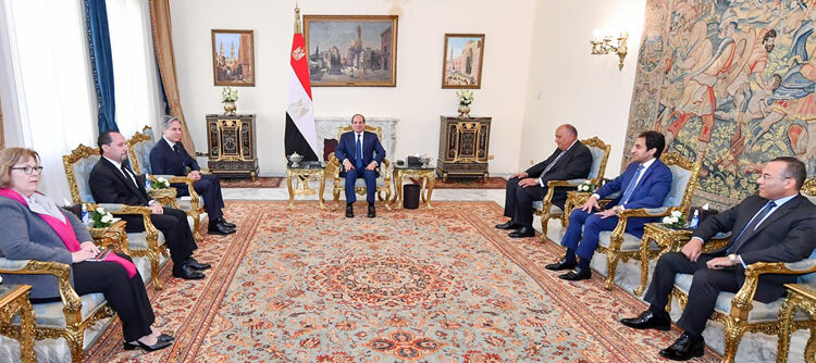 President Abdel Fattah El Sisi during his meeting on Monday with US Secretary of State Anthony Blinken in the presence of Foreign Minister Sameh Shoukri and US Embassy Chargé d'Affaires in Cairo Daniel Rubenstein.