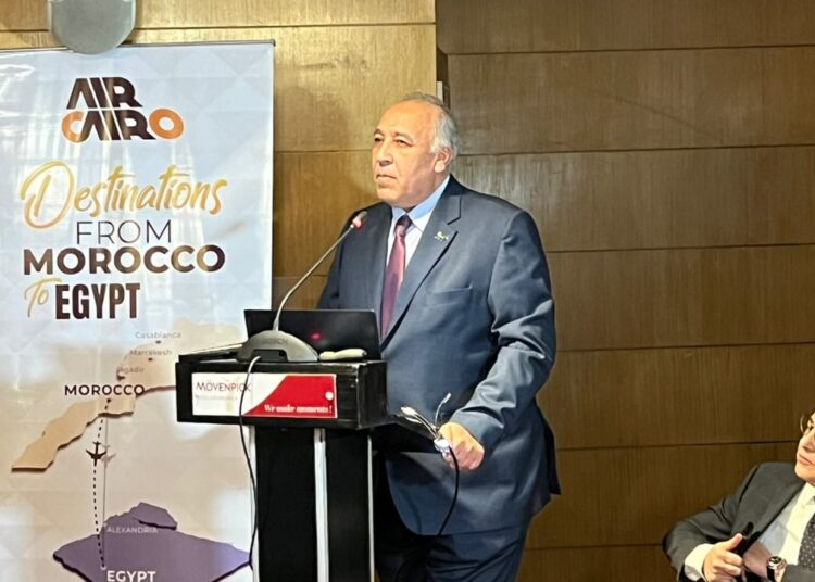 Head of Air Cairo Hussein el-Sharif addressing the event marking the opening of new airline from Morocco to Egypt.