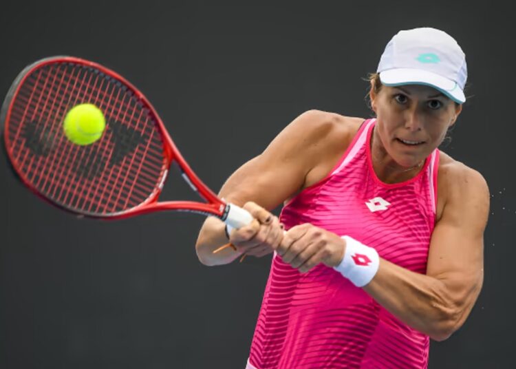 United States' Varvara Lepchenko makes a backhand return to Japan's Mayo Hibi during a tune-up tournament ahead of the Australian Open in Melbourne on February 1, 2021.