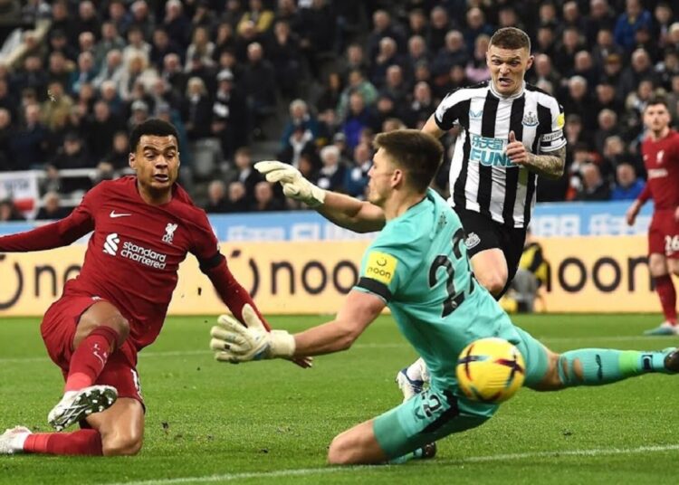 Cody Gakpo (L) scores for Liverpool against Newcastle during the English Premier League match.