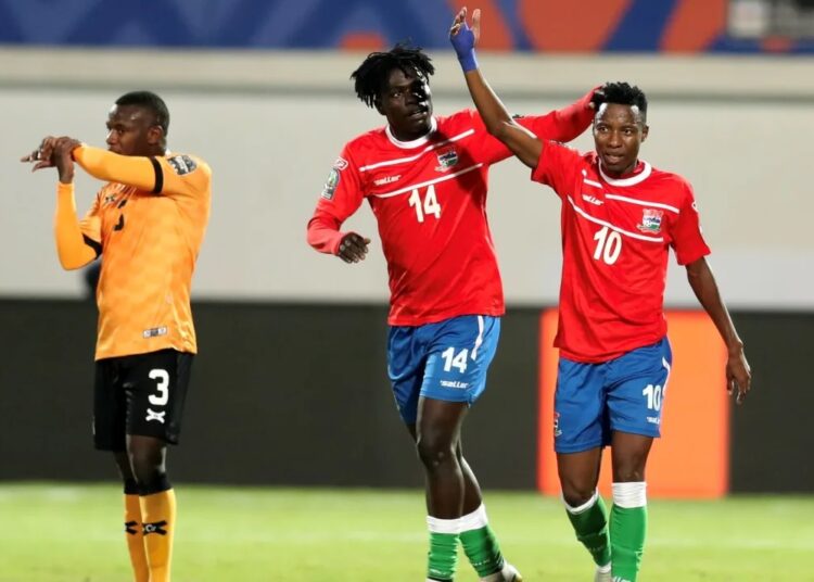 Gambia’s players celebrate after scoring against Zambia to book their place in the quarter-finals of the U-20 Africa Cup of Nations.