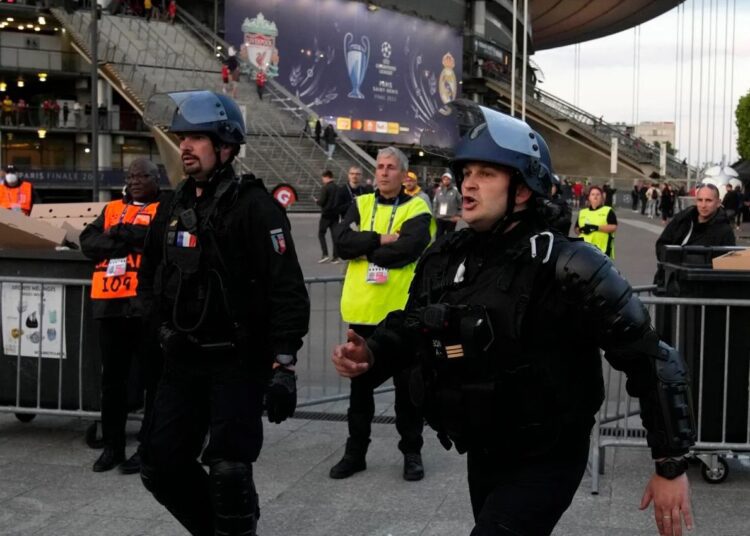 UEFA blamed for Champions League final chaos 1 - Egyptian Gazette Police officers guard the Stade de France prior the Champions League final soccer match between Liverpool and Real Madrid, in Saint Denis near Paris on May 28, 2022.