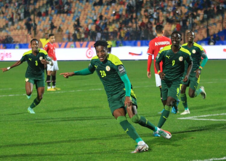 Senegal’s players celebrate after scoring against Egypt in the U-20 Africa Cup of Nations group stage.