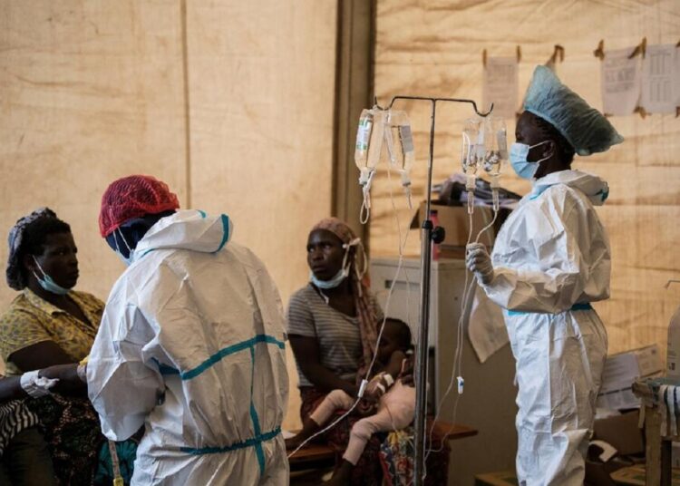 Health workers treat cholera patients at the Bwaila Hospital in Lilongwe central Malawi on Jan. 11, 2023.
