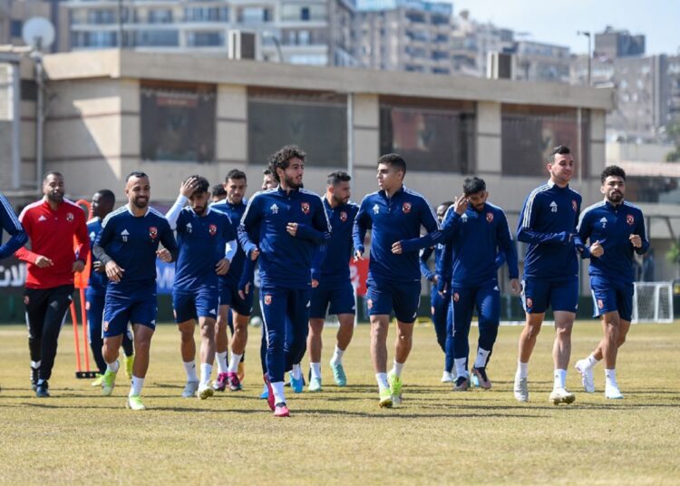 Al-Ahly’s players during a training session ahead of their match against Al-Hilal of Sudan at Al-Jawhara Stadium in Sudan.
