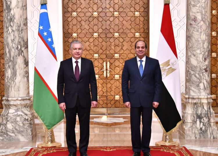 President Abdel Fattah El Sisi and his Uzbek counterpart Shavkat Mirziyoyev posing for a photo following their meeting in Cairo on Tuesday.