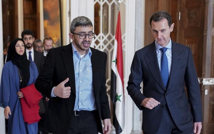 Syria's Assad thanks 'Arab brothers' for quake aid 1 - Egyptian Gazette In this photo released by the official Syrian state news agency SANA, Syrian President Bashar Assad (R) meets with United Arab Emirates Foreign Minister Sheikh Abdullah bin Zayed bin Sultan al-Nahyan in Damascus, Syria, on Feb. 12, 2023.