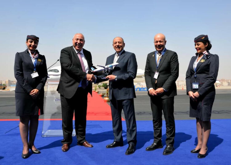 Lieutenant General Mohamed Abbas and Yehia Zakaria during the ceremony of the new A321 NEO aircraft handover.